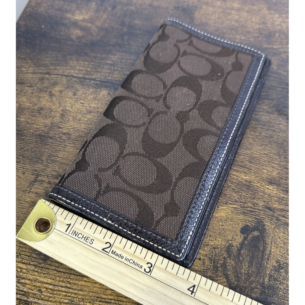 Coach Checkbook Cover Signature Brown Logo Jacquard Fabric Leather Trim Wallet - Picture 13 of 14